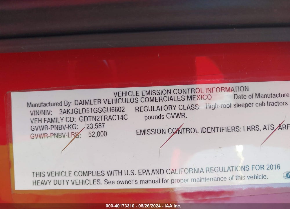 2016 FREIGHTLINER CASCADIA 125 VIN: 3AKJGLD51GSGU6602