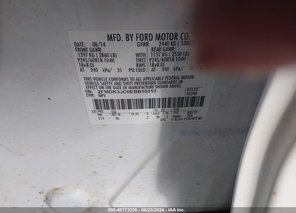 2014 FORD EDGE SEL VIN: 2FMDK3JC0EBB10313