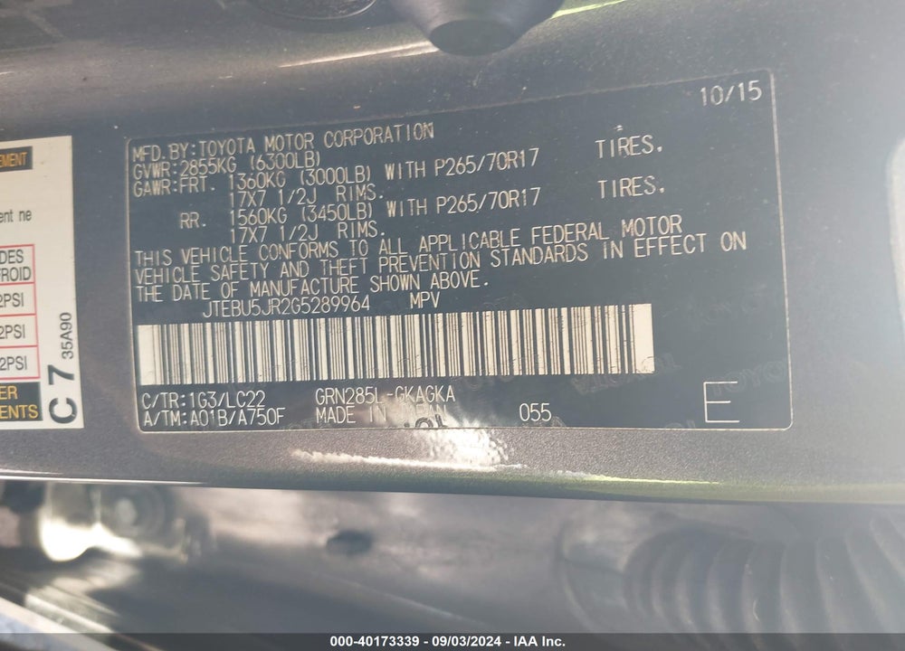 2016 TOYOTA 4RUNNER TRAIL PREMIUM VIN: JTEBU5JR2G5289964