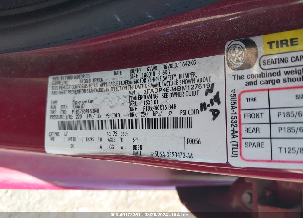 2011 FORD FIESTA SE VIN: 3FADP4EJ4BM127619