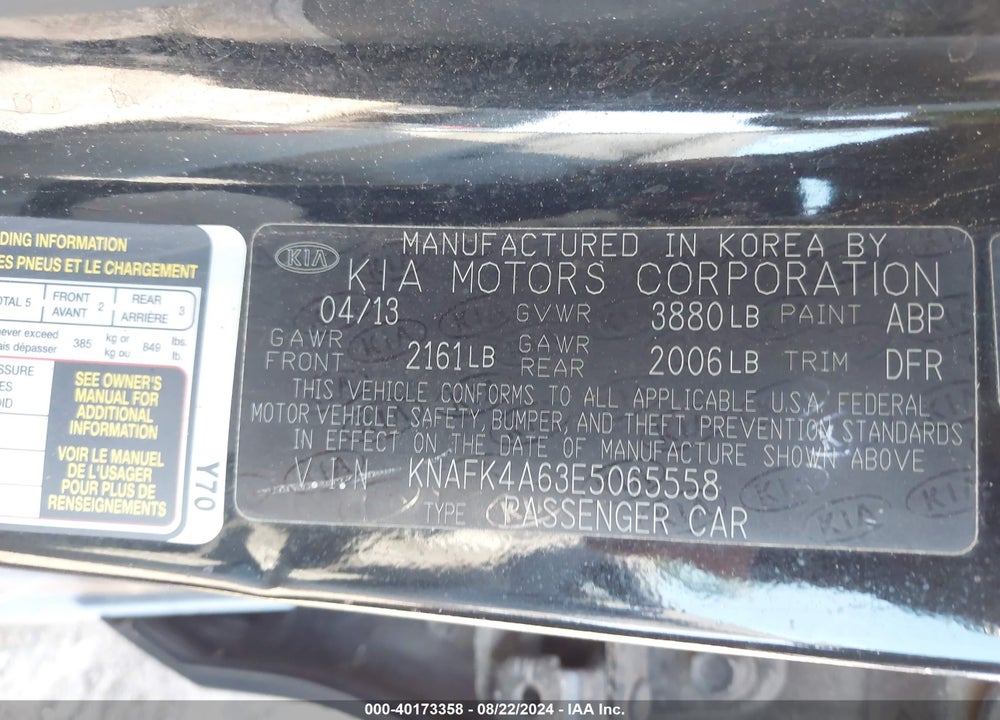 2014 KIA FORTE LX VIN: KNAFK4A63E5065558