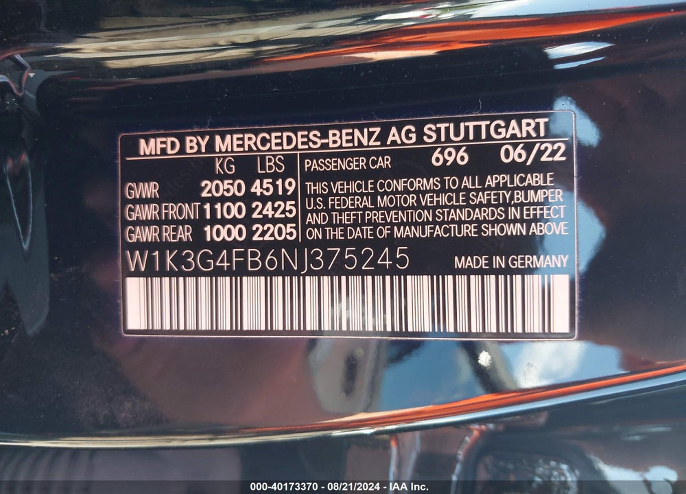 2022 MERCEDES-BENZ A 220 4MATIC VIN: W1K3G4FB6NJ375245