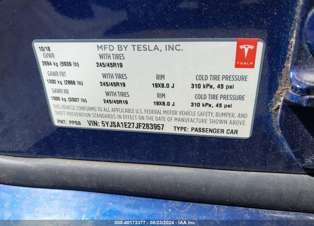 2018 TESLA MODEL S 100D/75D/P100D VIN: 5YJSA1E27JF283957
