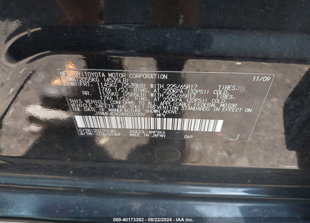 2010 TOYOTA RAV4 VIN: JTMBF4DV2A5021909