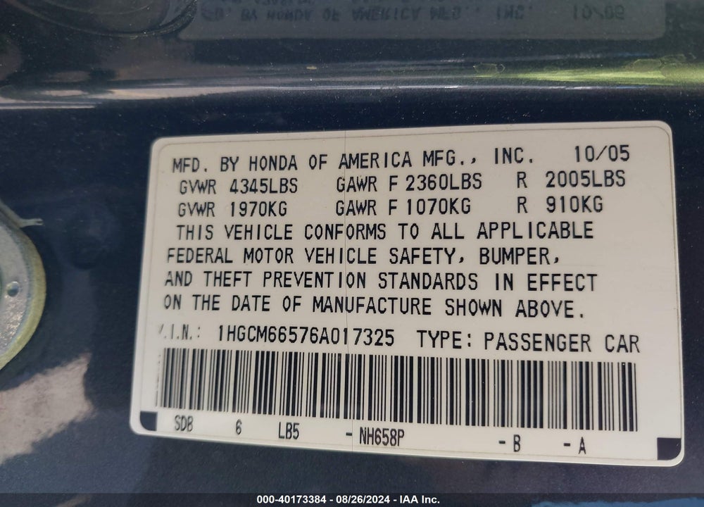 2006 HONDA ACCORD 3.0 EX VIN: 1HGCM66576A017325
