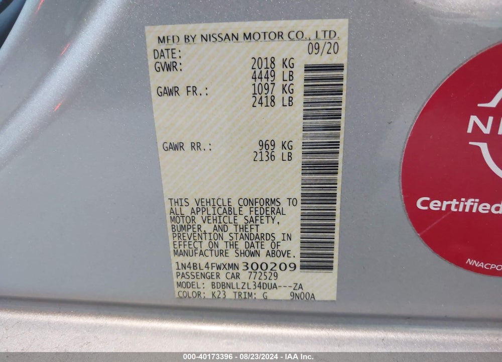 2021 NISSAN ALTIMA PLATINUM INTELLIGENT AWD VIN: 1N4BL4FWXMN300209