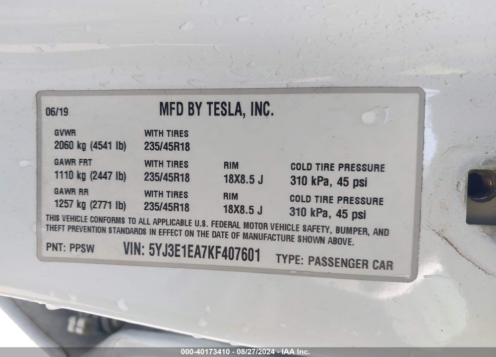 2019 TESLA MODEL 3 LONG RANGE/MID RANGE/STANDARD RANGE/STANDARD RANGE PLUS VIN: 5YJ3E1EA7KF407601