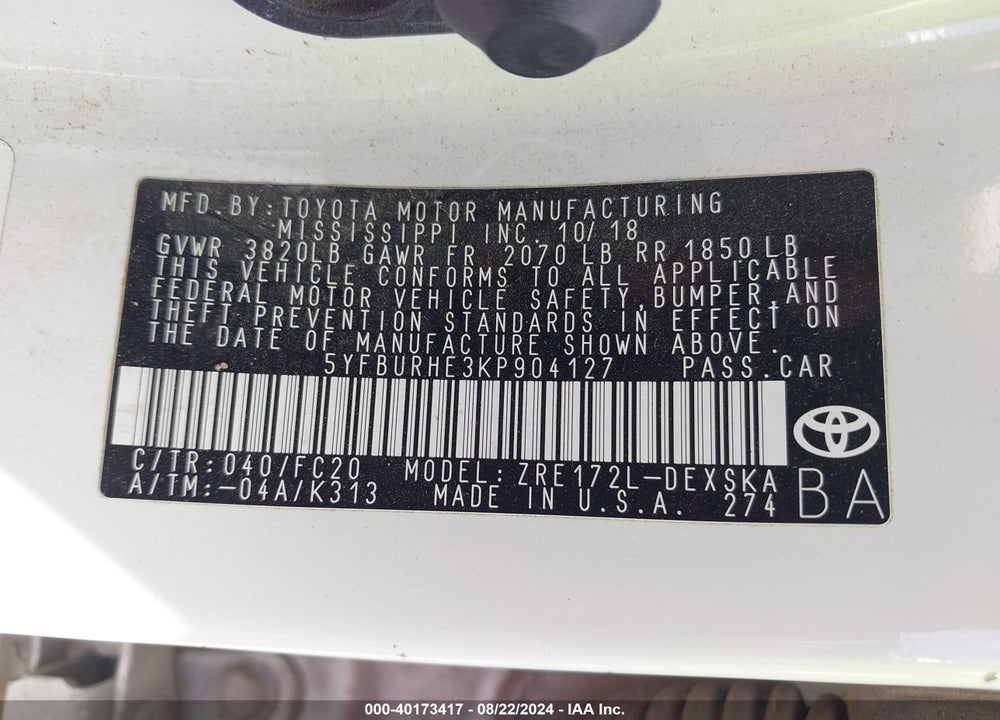 2019 TOYOTA COROLLA SE VIN: 5YFBURHE3KP904127