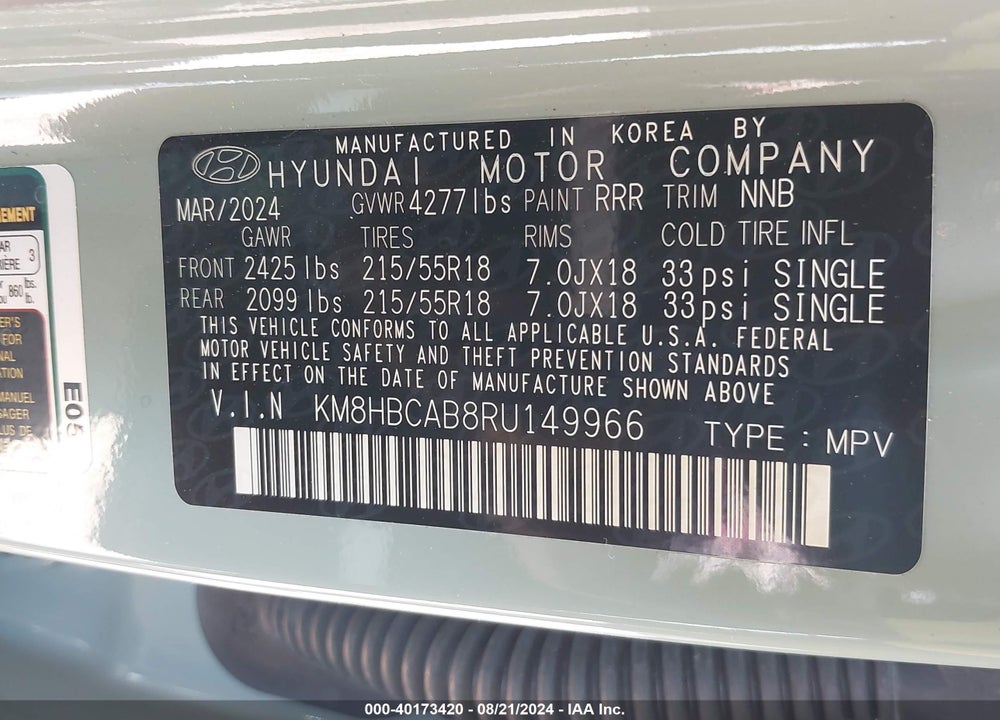 2024 HYUNDAI KONA SEL VIN: KM8HBCAB8RU149966