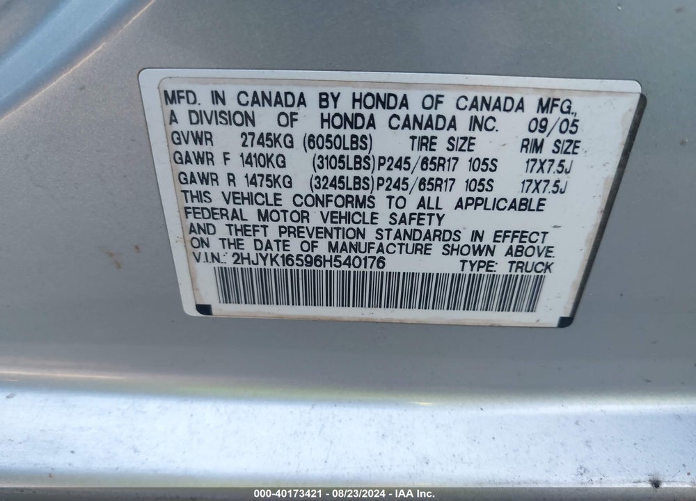 2006 HONDA RIDGELINE RTL VIN: 2HJYK16596H540176