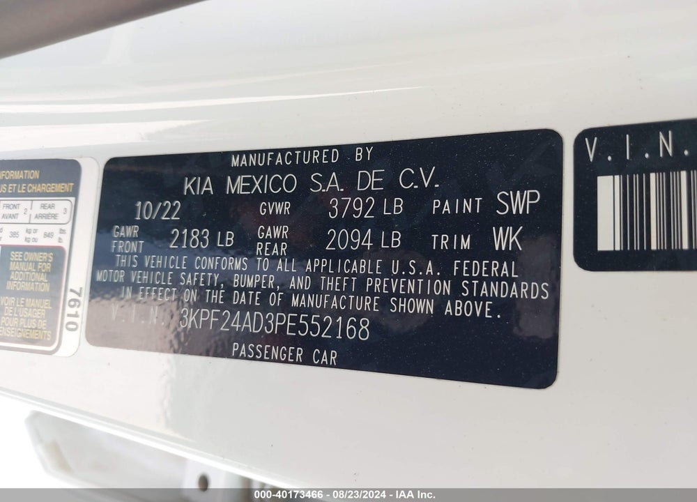 2023 KIA FORTE LXS VIN: 3KPF24AD3PE552168