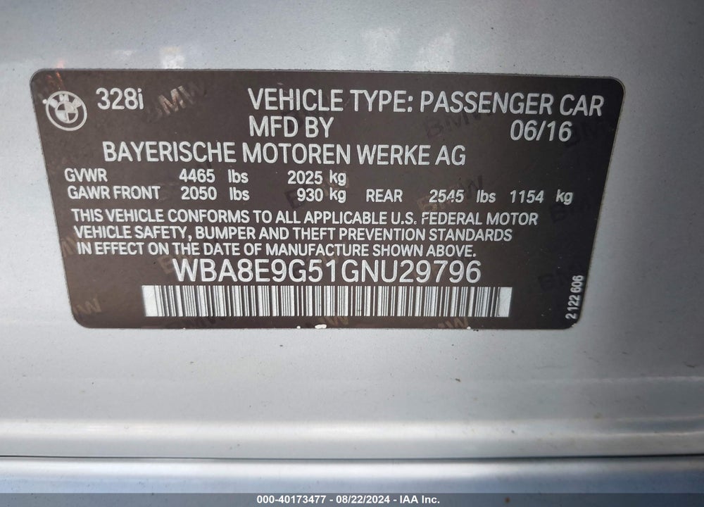 2016 BMW 328I VIN: WBA8E9G51GNU29796