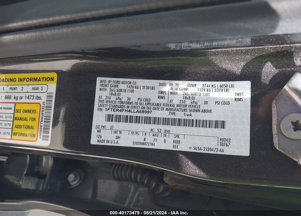 2020 FORD RANGER LARIAT VIN: 1FTER4FH4LLA68997
