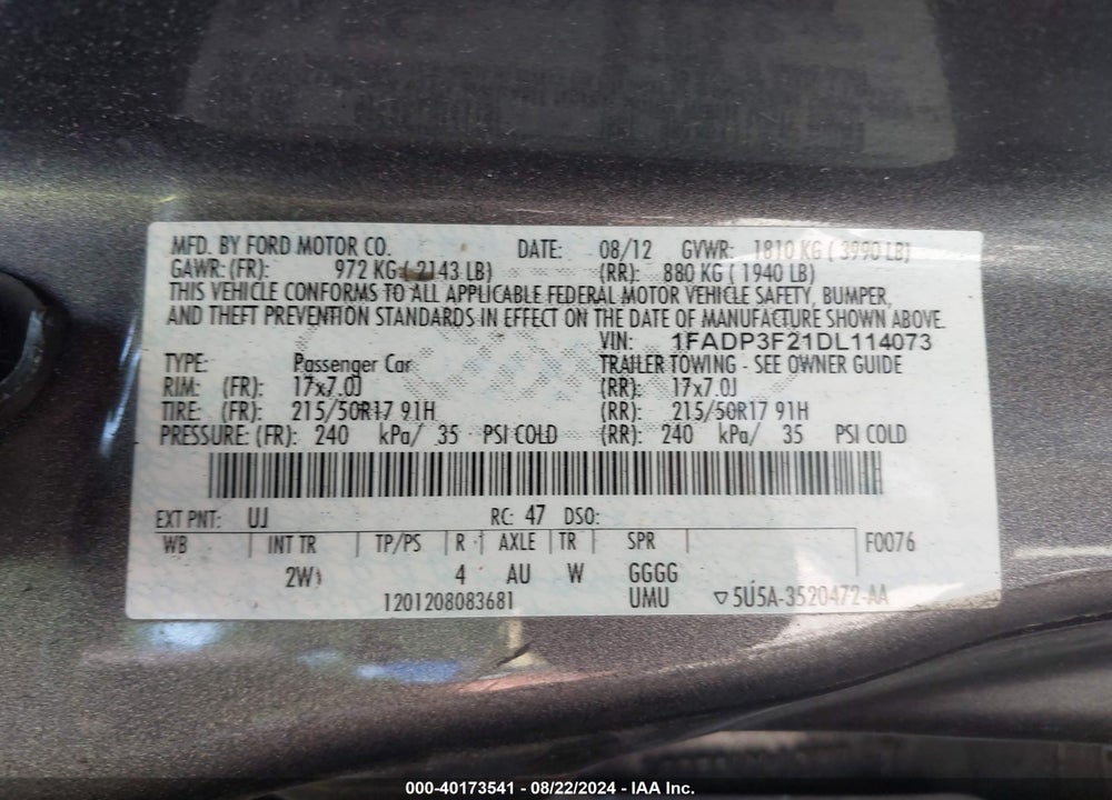 2013 FORD FOCUS SE VIN: 1FADP3F21DL114073