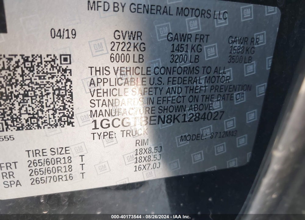 2019 CHEVROLET COLORADO WT VIN: 1GCGTBEN8K1284027