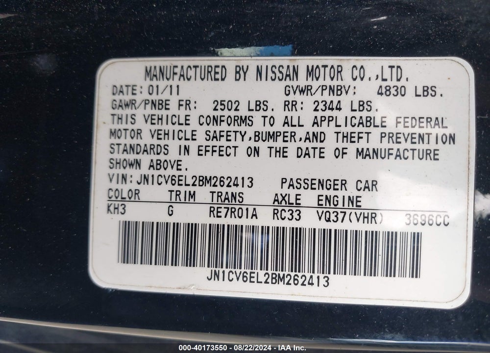 2011 INFINITI G37X VIN: JN1CV6EL2BM262413