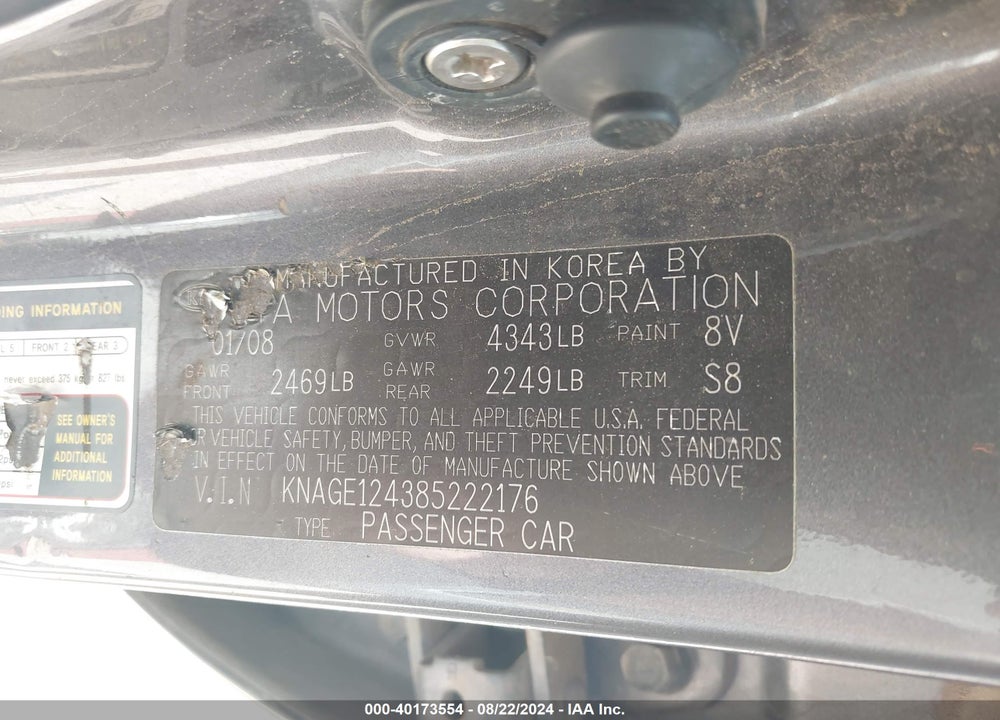 2008 KIA OPTIMA LX V6 VIN: KNAGE124385222176