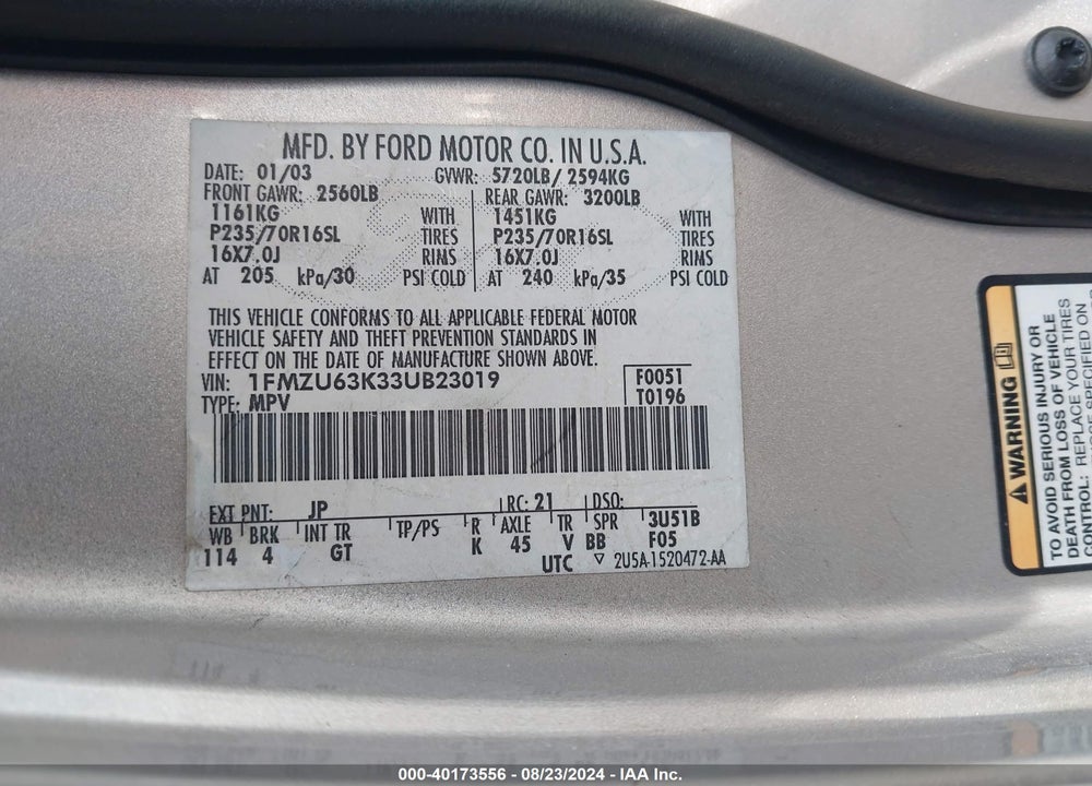 2003 FORD EXPLORER NBX/XLT VIN: 1FMZU63K33UB23019