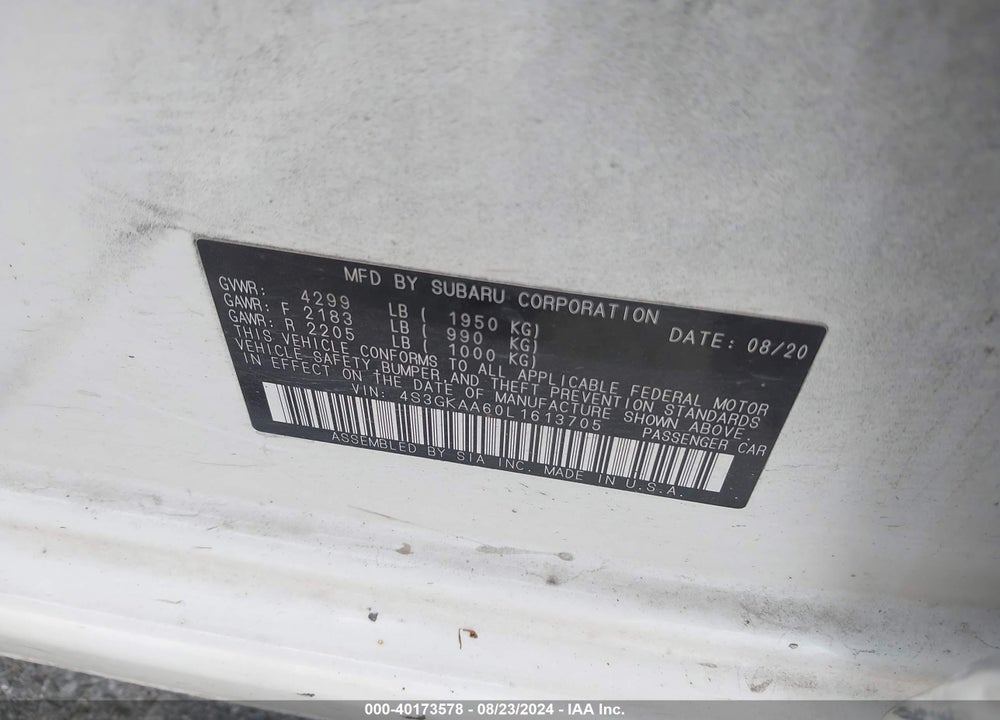 2020 SUBARU IMPREZA SEDAN VIN: 4S3GKAA60L1613705