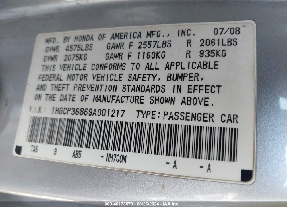 2009 HONDA ACCORD 3.5 EX-L VIN: 1HGCP36869A001217