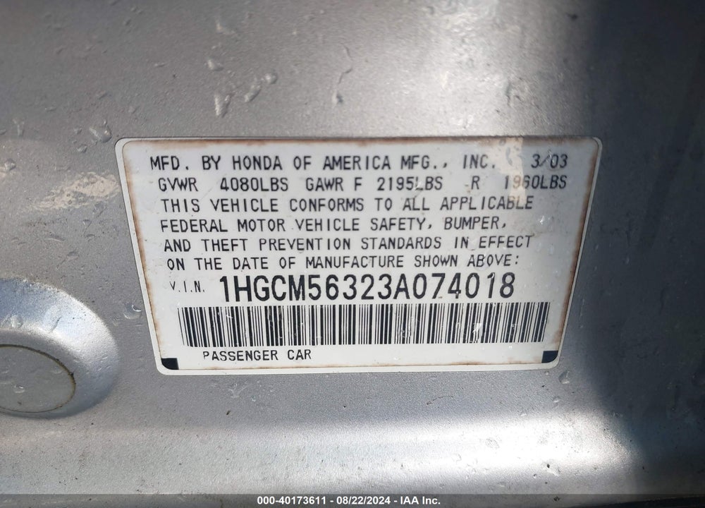 2003 HONDA ACCORD 2.4 LX VIN: 1HGCM56323A074018
