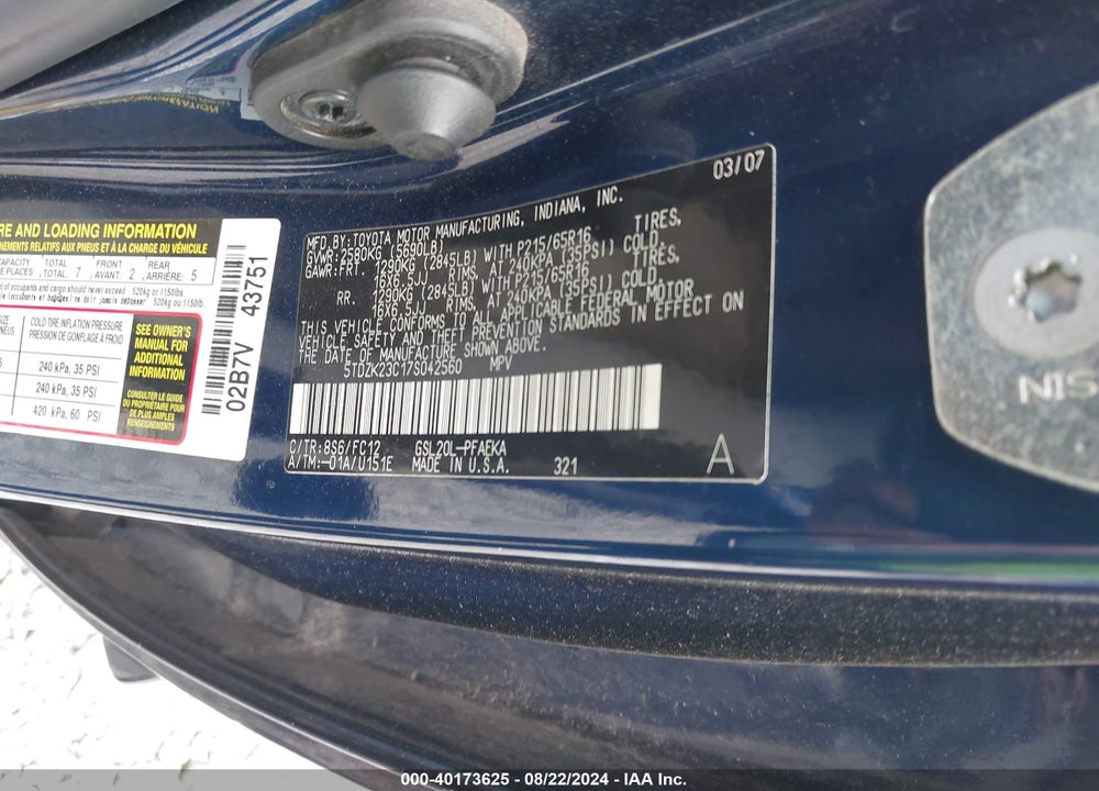 2007 TOYOTA SIENNA LE VIN: 5TDZK23C17S042560