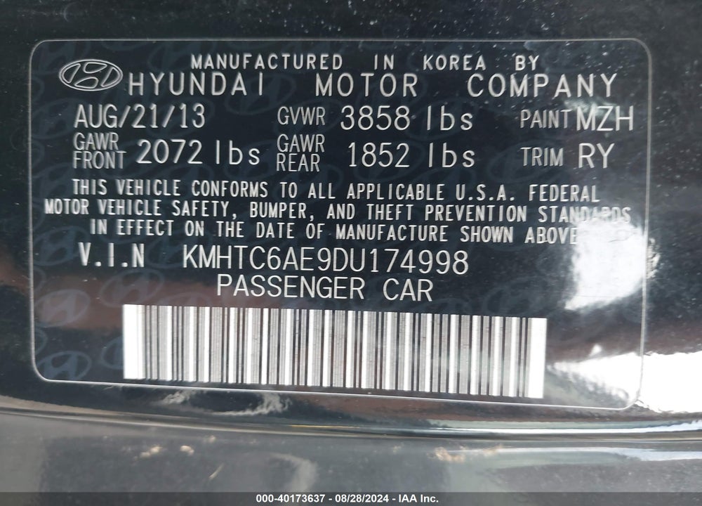 2013 HYUNDAI VELOSTER TURBO W/BLACK VIN: KMHTC6AE9DU174998