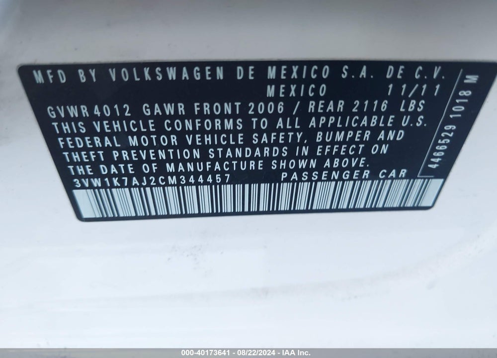 2012 VOLKSWAGEN JETTA 2.0L S VIN: 3VW1K7AJ2CM344457