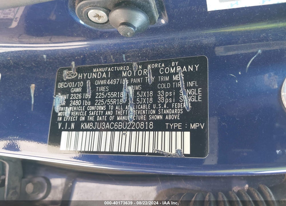 2011 HYUNDAI TUCSON LIMITED VIN: KM8JU3AC6BU220818