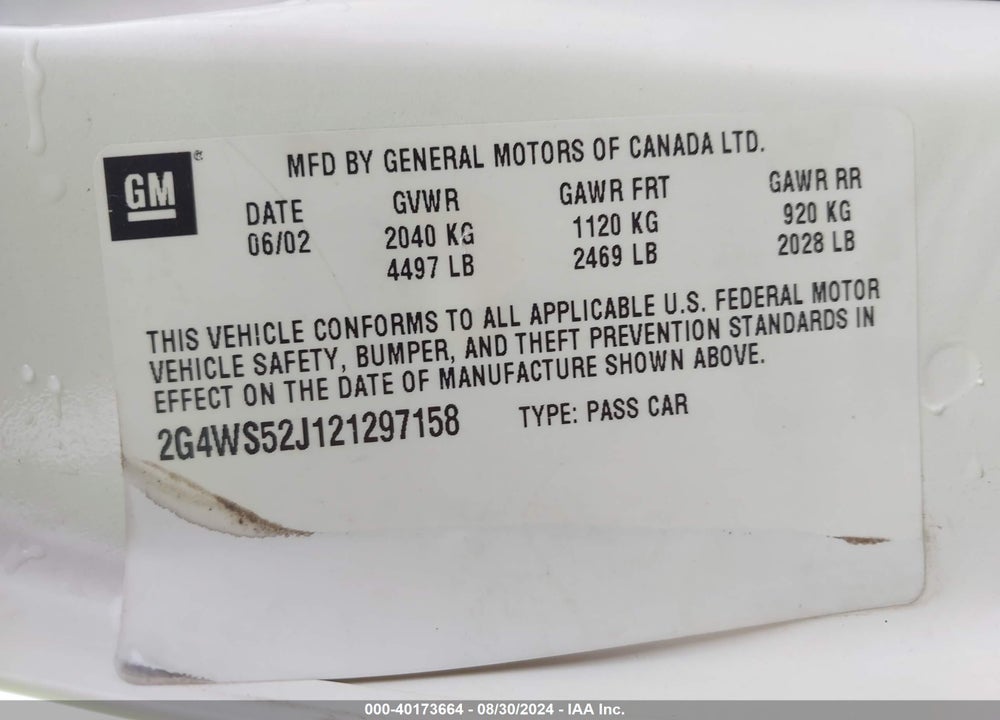 2002 BUICK CENTURY CUSTOM VIN: 2G4WS52J121297158