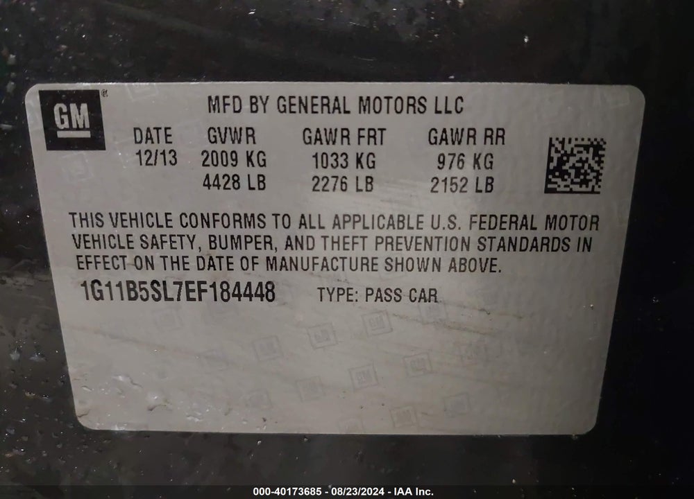 2014 CHEVROLET MALIBU 1LS VIN: 1G11B5SL7EF184448