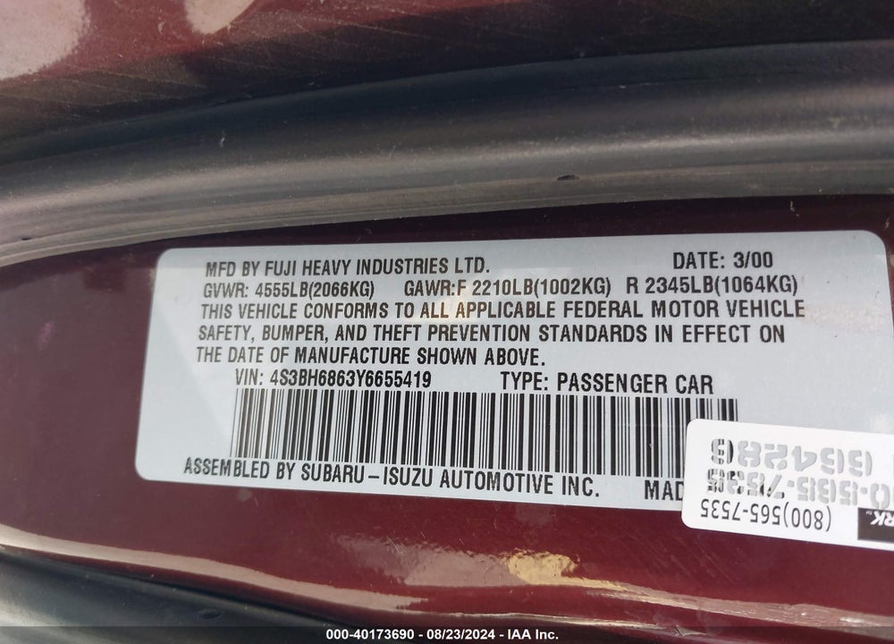 2000 SUBARU OUTBACK LIMITED VIN: 4S3BH6863Y6655419