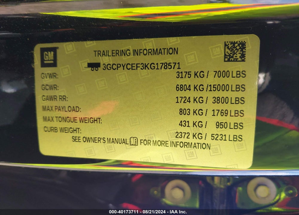 2019 CHEVROLET SILVERADO 1500 CUSTOM TRAIL BOSS VIN: 3GCPYCEF3KG178571
