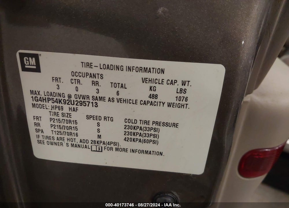 2002 BUICK LESABRE CUSTOM VIN: 1G4HP54K92U295713