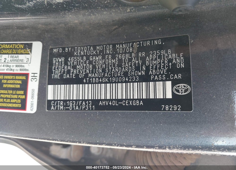 2009 TOYOTA CAMRY HYBRID VIN: 4T1BB46K19U094233