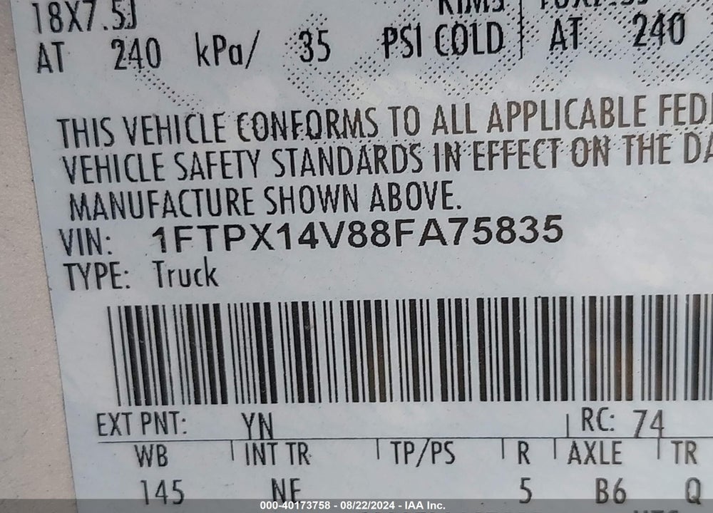 2008 FORD F-150 VIN: 1FTPX14V88FA75835