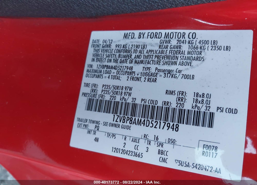 2013 FORD MUSTANG V6 PREMIUM VIN: 1ZVBP8AM4D5217948