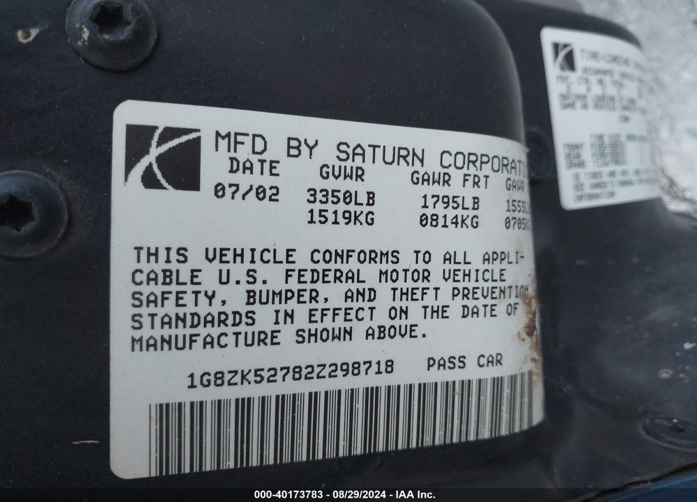 2002 SATURN S-SERIES SL2 VIN: 1G8ZK52782Z298718