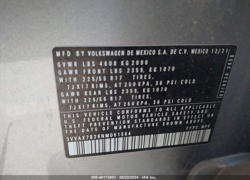 2022 VOLKSWAGEN TAOS 1.5T S VIN: 3VVAX7B26NM051564