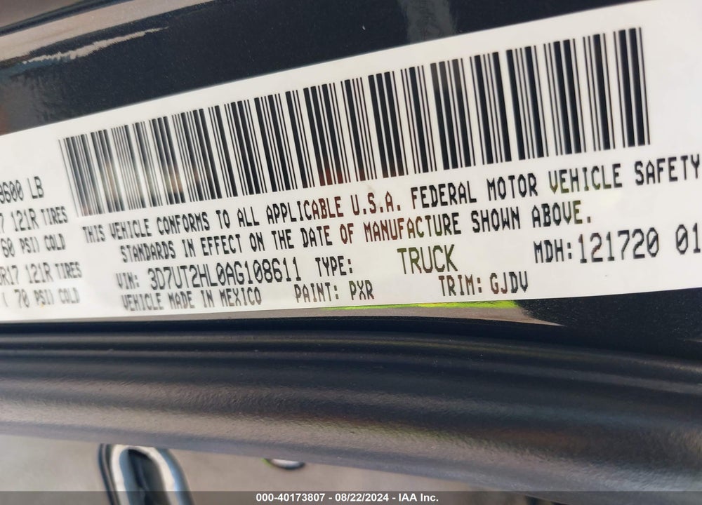 2010 DODGE RAM 2500 LARAMIE VIN: 3D7UT2HL0AG108611