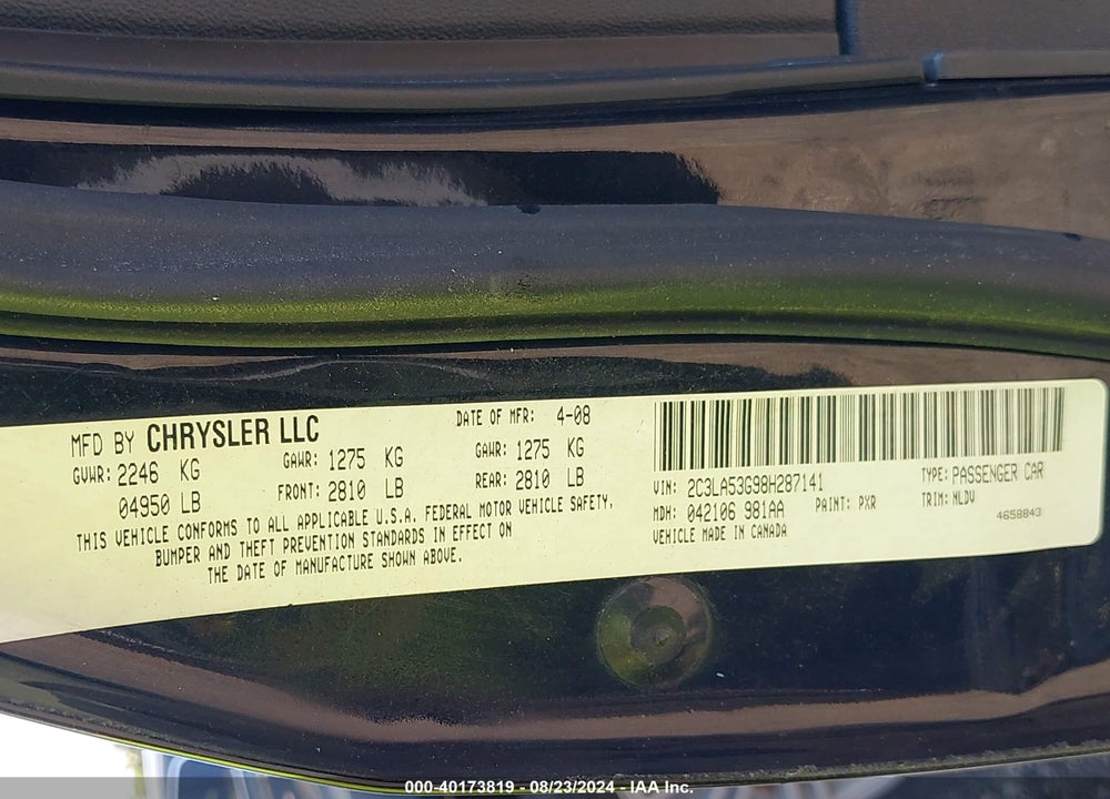 2008 CHRYSLER 300 TOURING VIN: 2C3LA53G98H287141