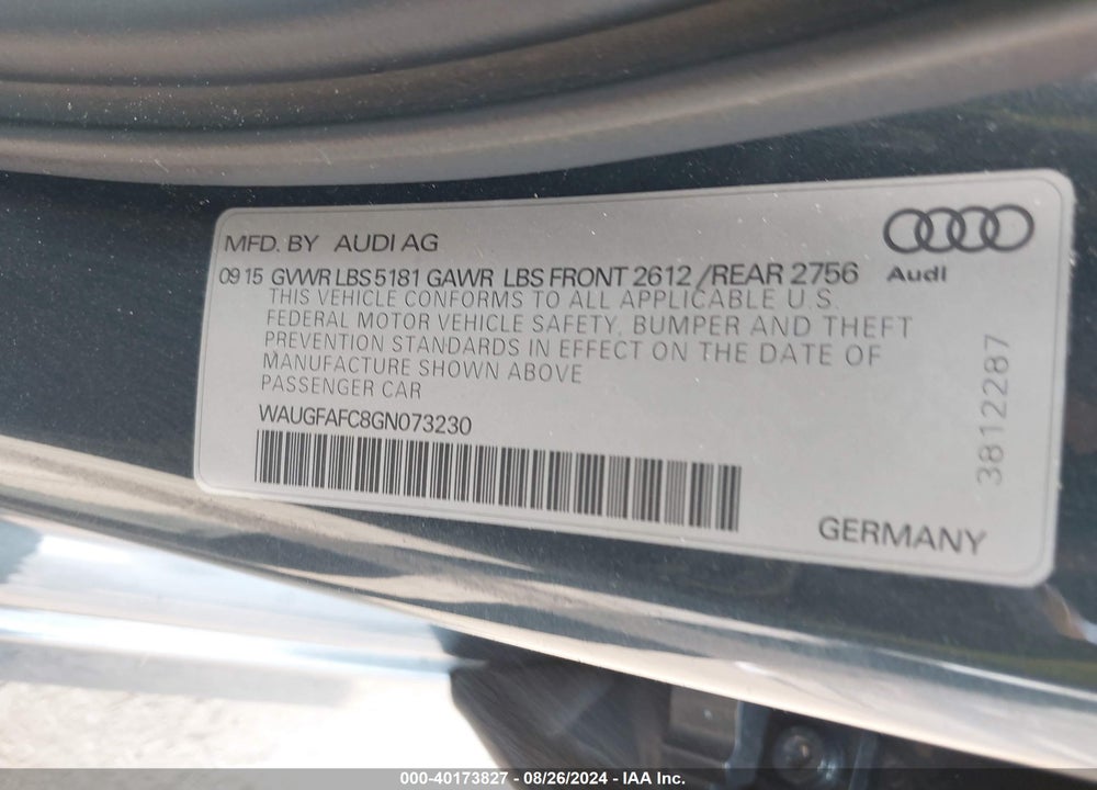 2016 AUDI A6 2.0T PREMIUM PLUS VIN: WAUGFAFC8GN073230