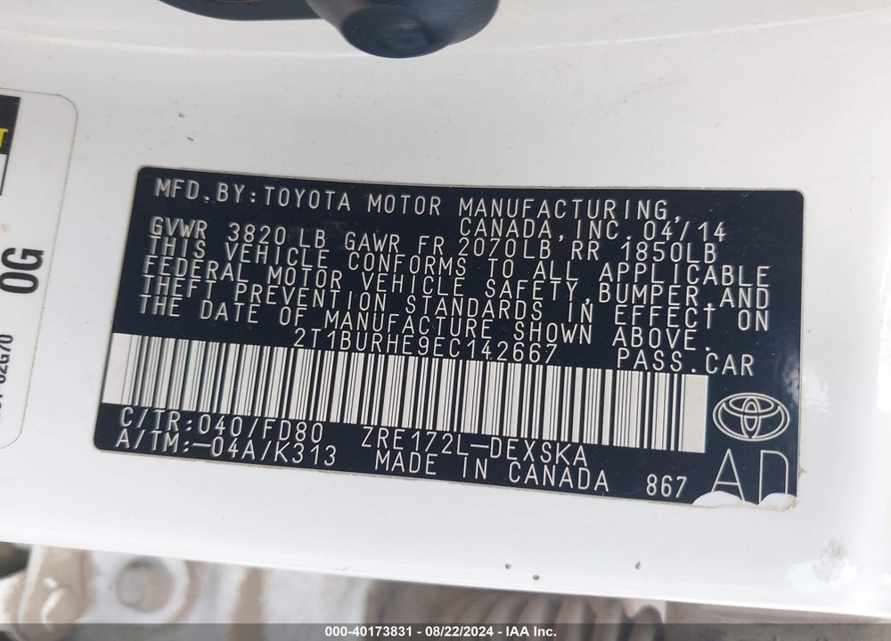 2014 TOYOTA COROLLA S VIN: 2T1BURHE9EC142667