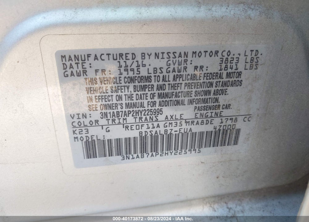 2017 NISSAN SENTRA VIN: 3N1AB7AP2HY225995