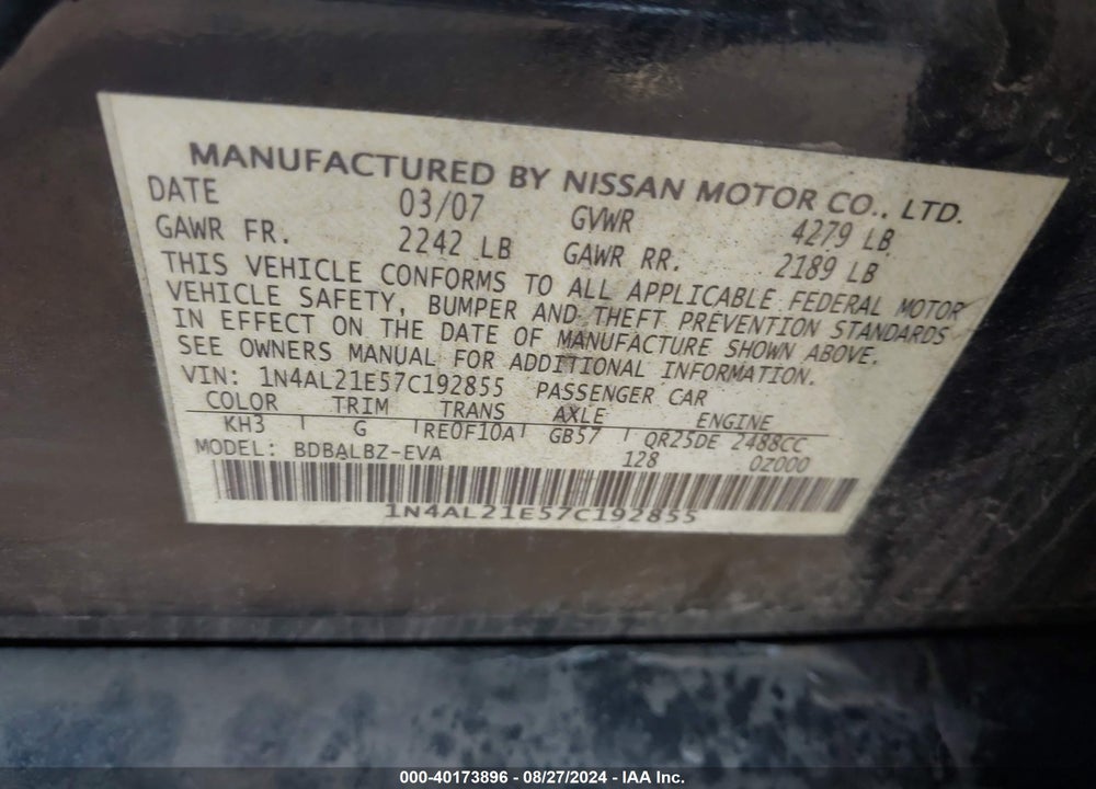 2007 NISSAN ALTIMA 2.5 S VIN: 1N4AL21E57C192855