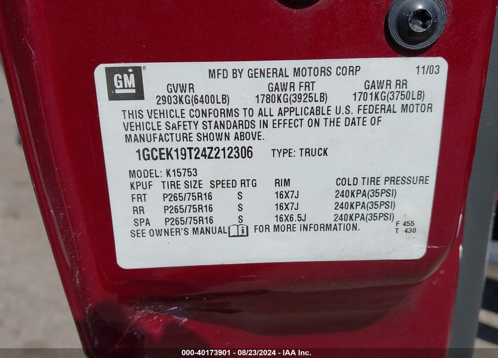 2004 CHEVROLET SILVERADO 1500 VIN: 1GCEK19T24Z212306