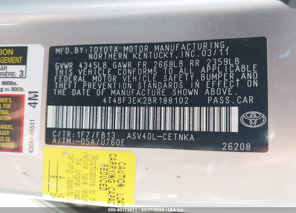 2011 TOYOTA CAMRY LE VIN: 4T4BF3EK2BR188102