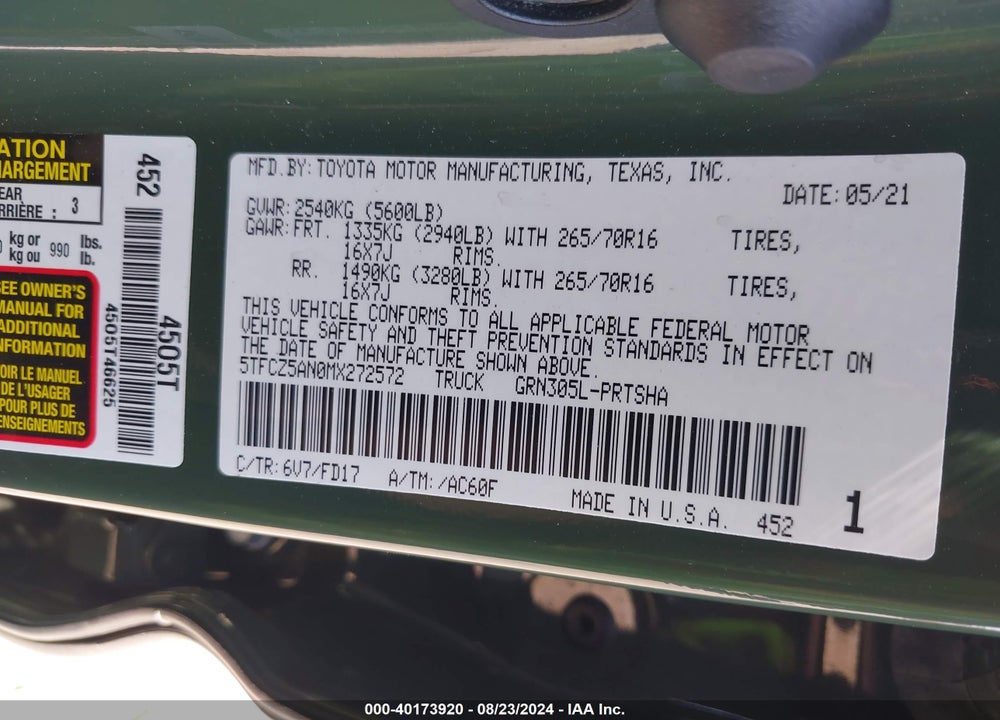 2021 TOYOTA TACOMA TRD OFF ROAD VIN: 5TFCZ5AN0MX272572
