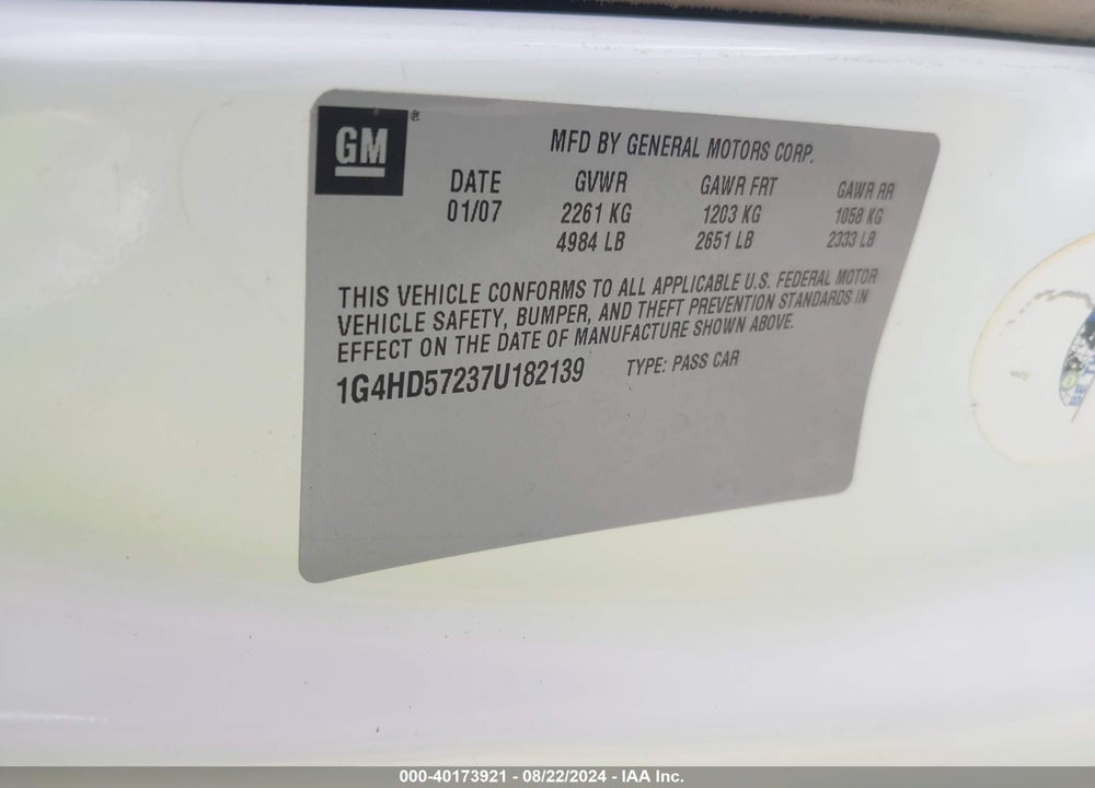 2007 BUICK LUCERNE CXL VIN: 1G4HD57237U182139