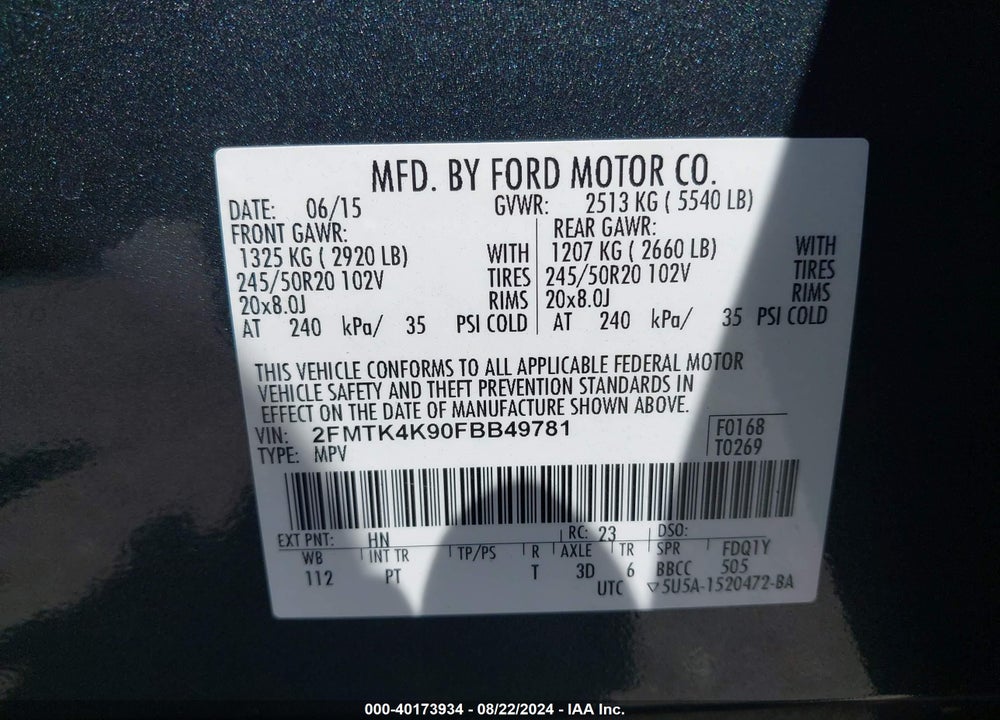 2015 FORD EDGE TITANIUM VIN: 2FMTK4K90FBB49781